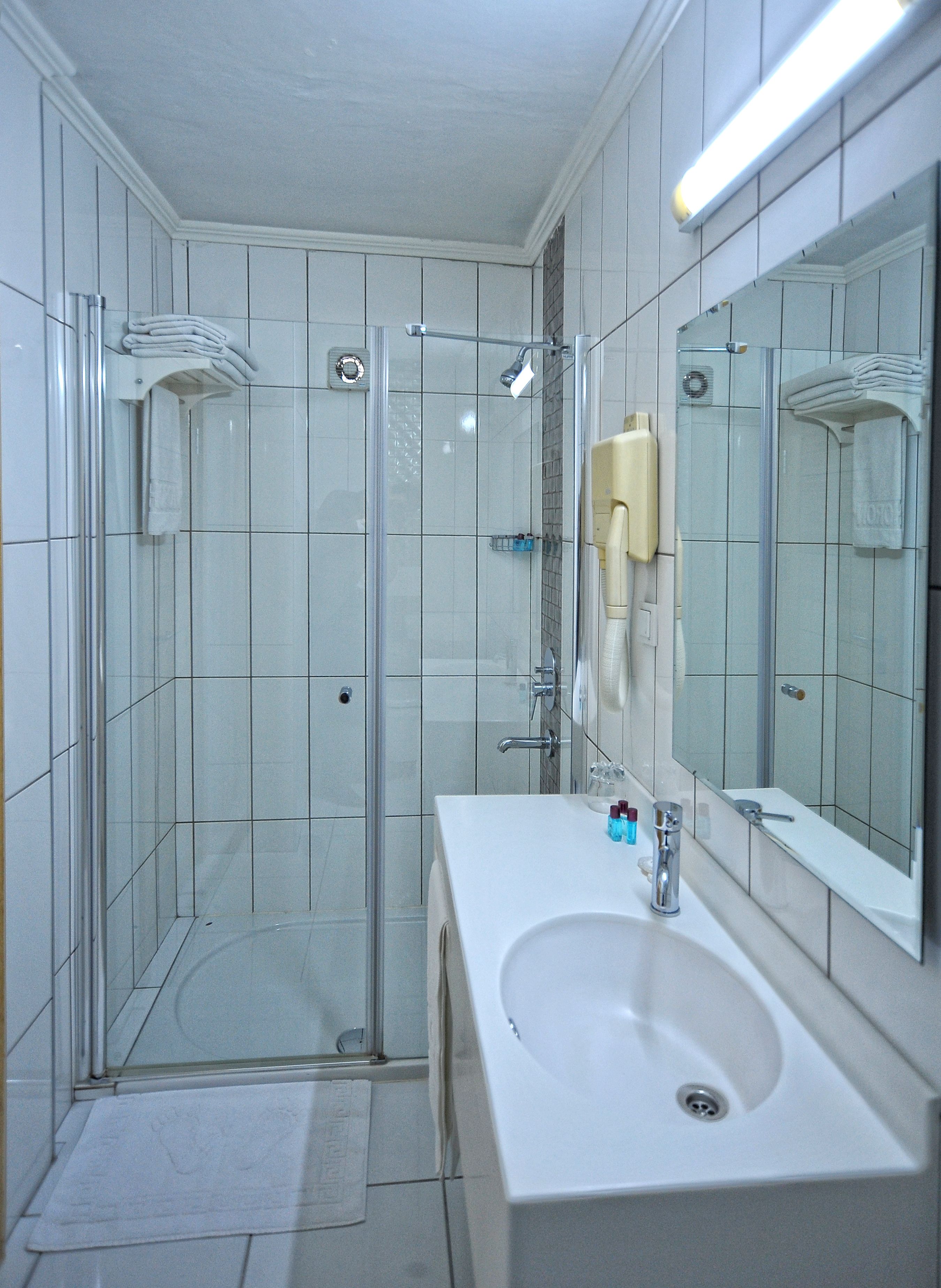Une salle de bain moderne avec une douche à l’italienne, un lavabo blanc et un grand miroir.