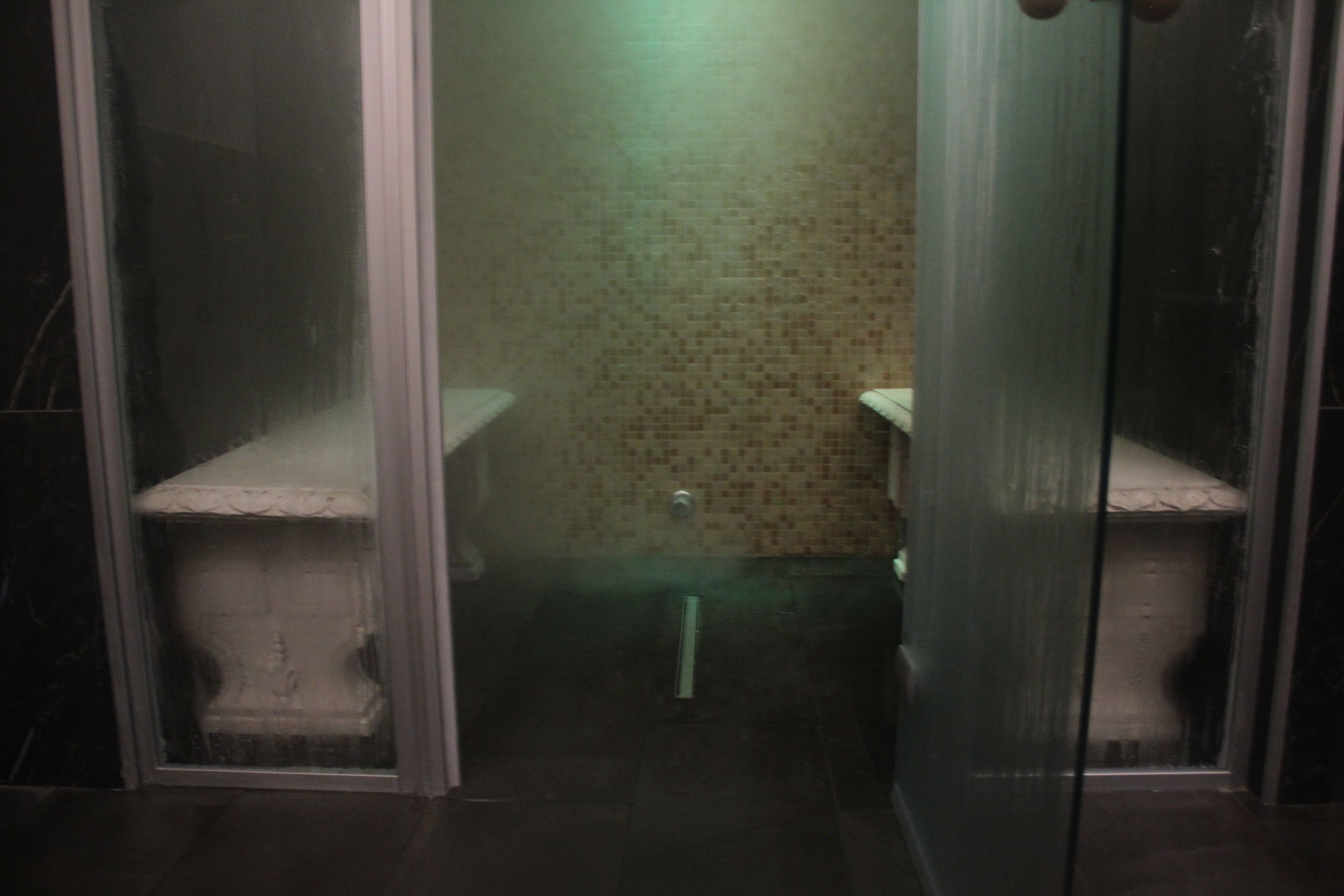 A narrow, tiled bathroom with a glass door, a toilet, and a sink.