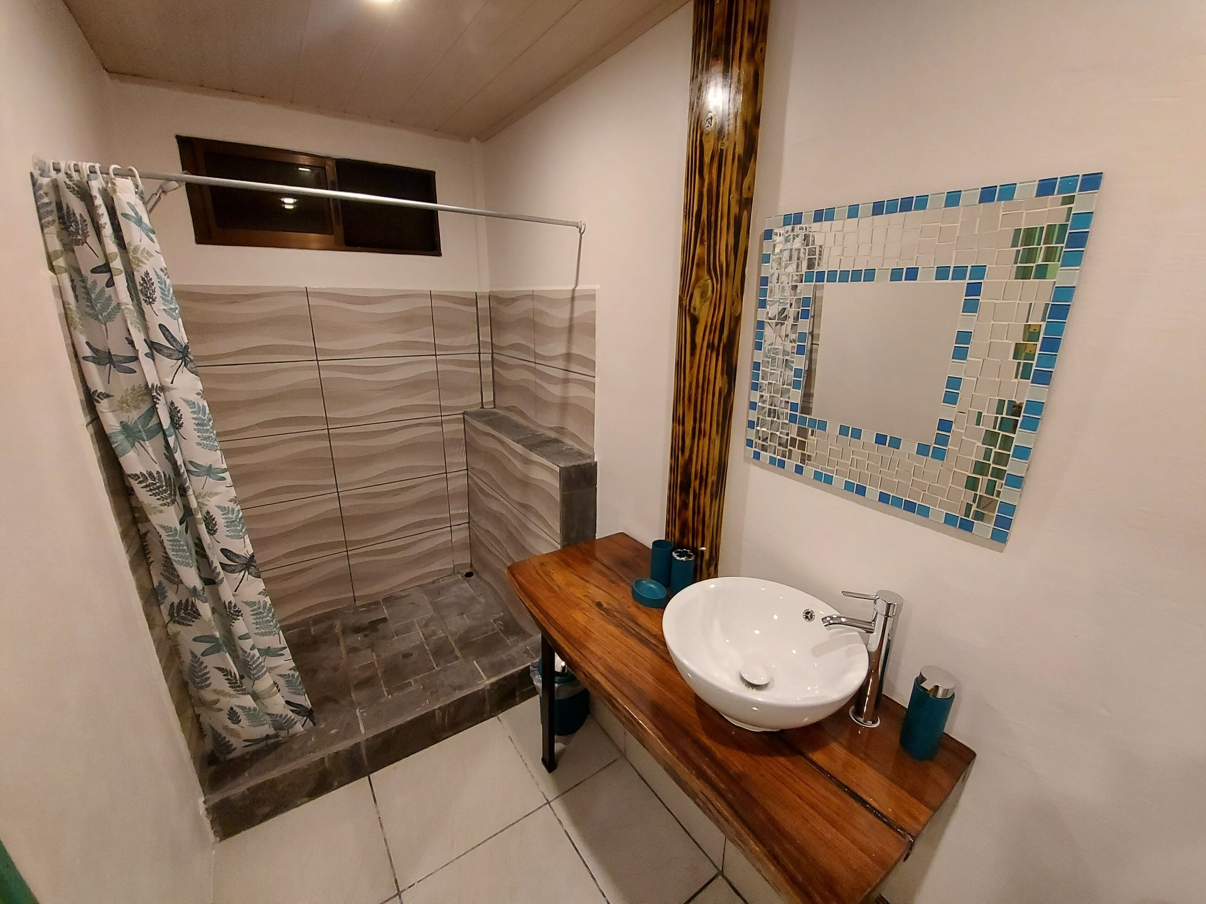 Une salle de bain avec une douche, un lavabo et un miroir.