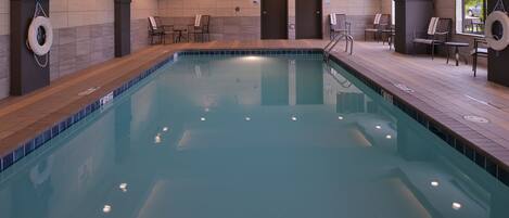 Indoor pool, open 9:00 AM to 9:00 PM, sun loungers
