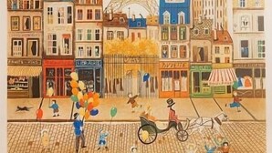 A colorful street scene with a prominent tower in the center, surrounded by various buildings and people. - Du Bresil (Paris)