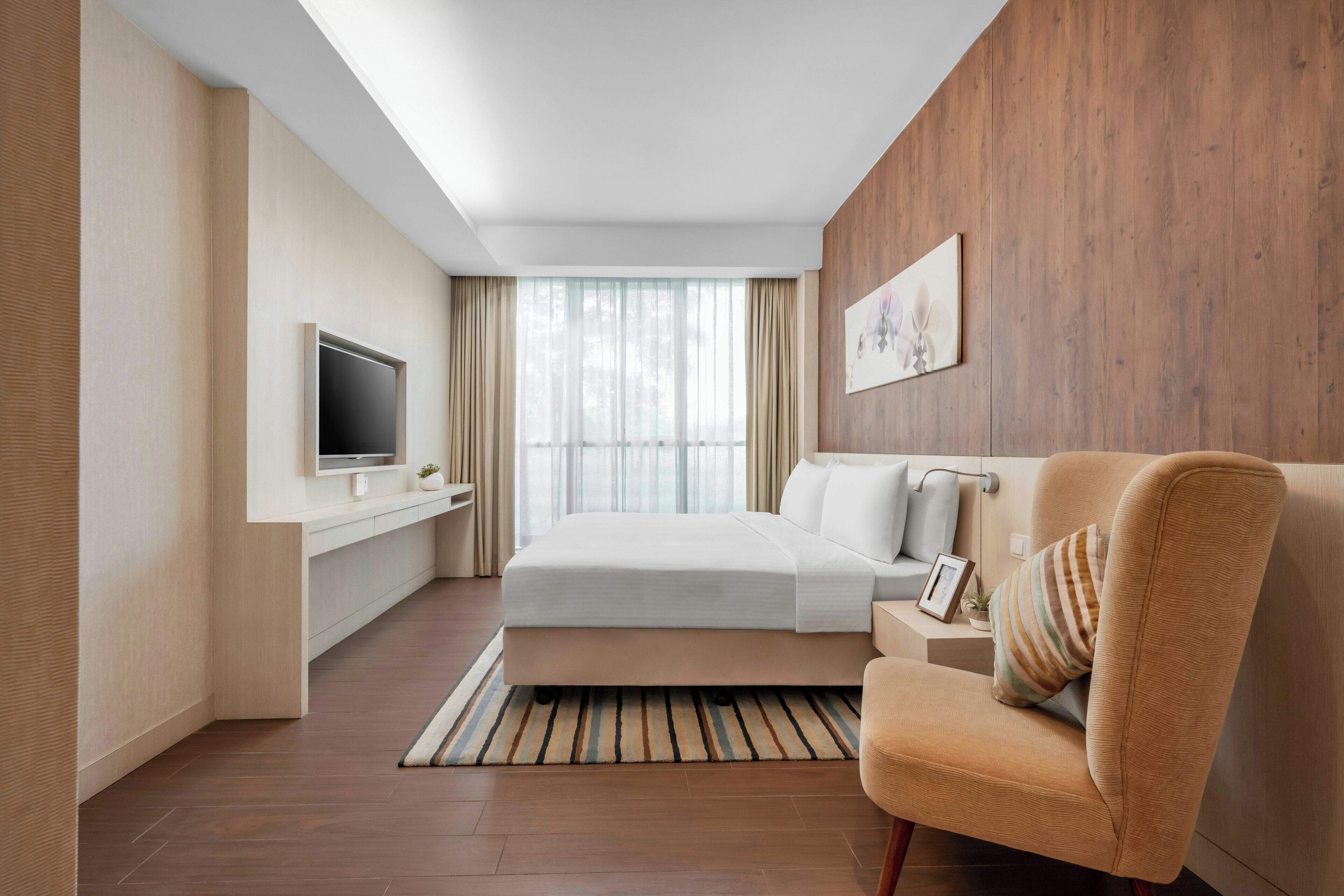 A modern hotel room with a bed, a TV, a wooden accent wall, and a window with curtains.