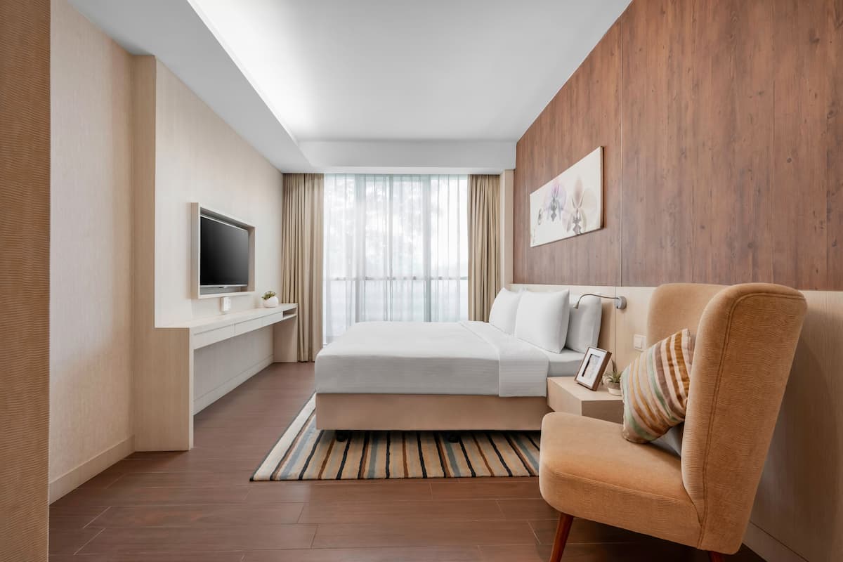 Una habitació d'hotel moderna amb un llit gran, una televisió de pantalla plana, una paret decorativa de fusta i un finestra gran amb cortines translúcides.