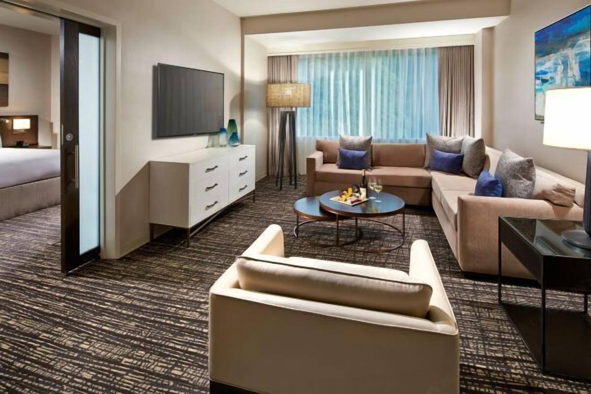 Une chambre d’hôtel avec un canapé, une table basse, une télévision, une lampe et un lit.