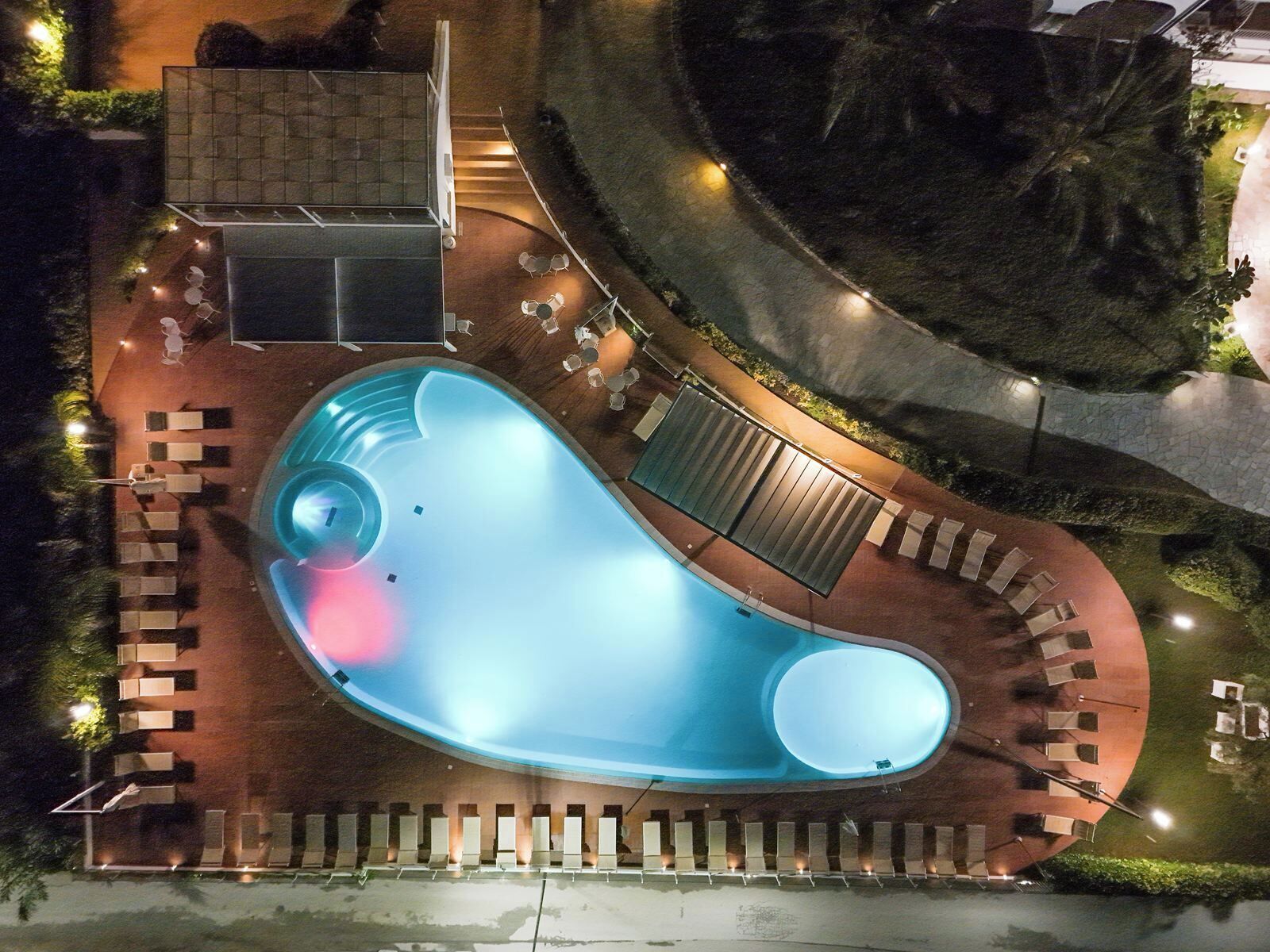 Seasonal outdoor pool, pool umbrellas, pool loungers