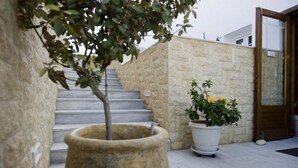 Un mur de pierre, un pot de fleurs et un escalier.