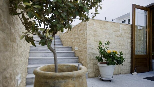 Un mur de pierre, un pot de fleurs et un escalier.