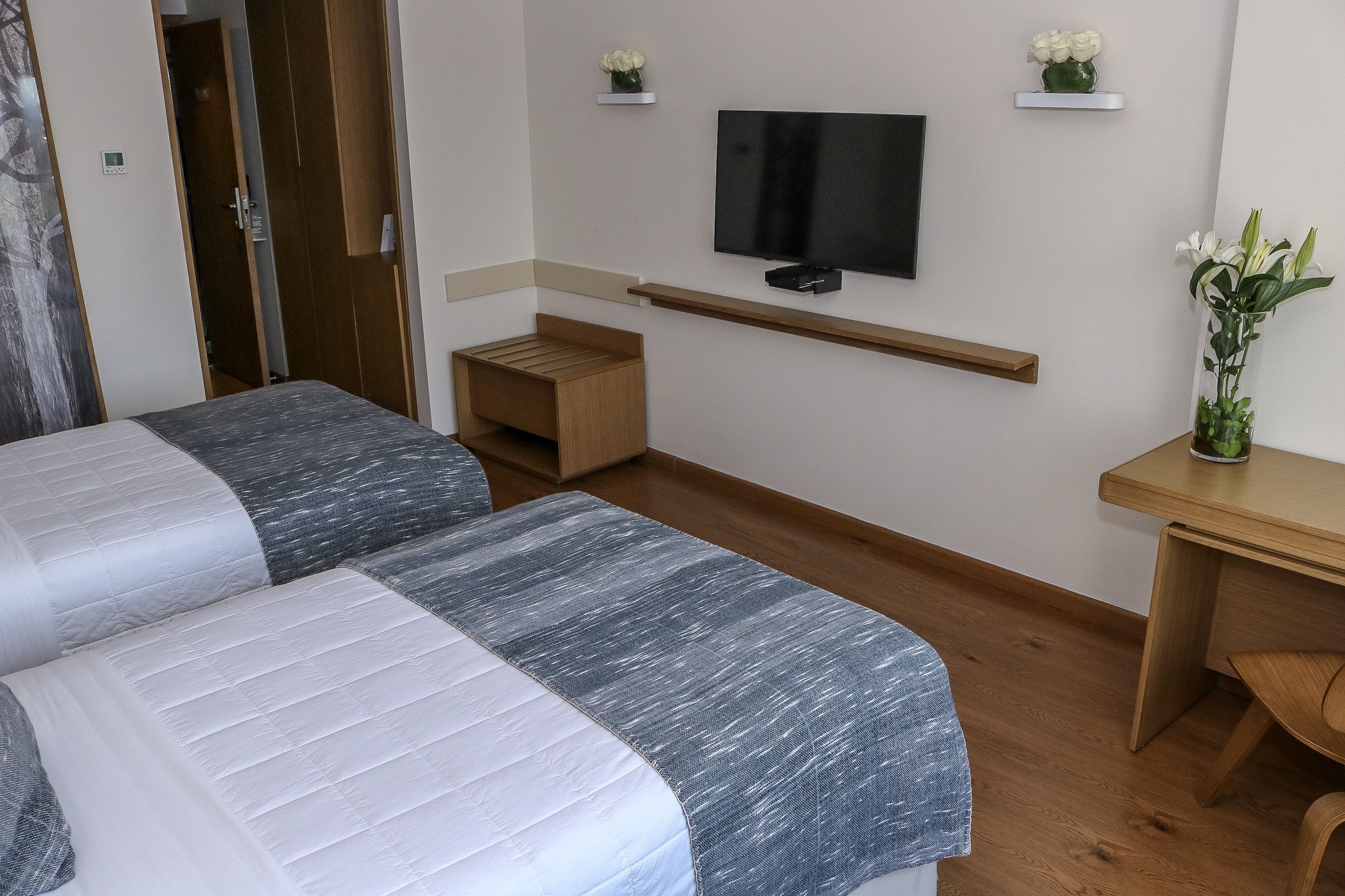 Habitación de hotel con dos camas, un televisor montado en la pared, un escritorio de madera pequeño y una planta en maceta.
