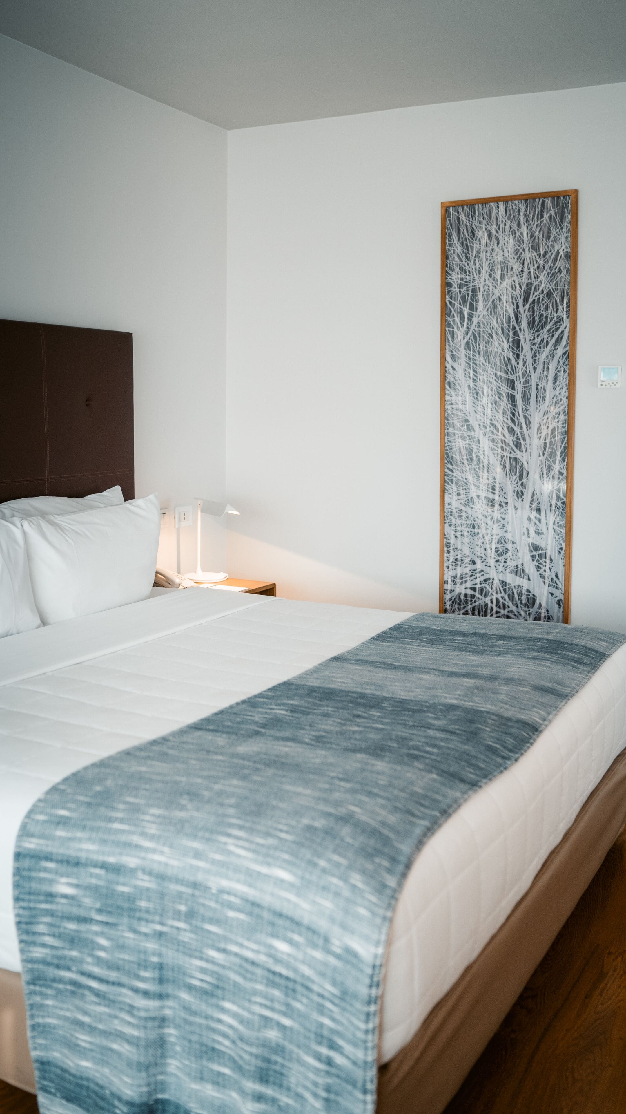 A neatly made bed with white linens and a blue blanket, a wooden headboard, a bedside table with a lamp, and a wall with a tree-like abstract art piece.