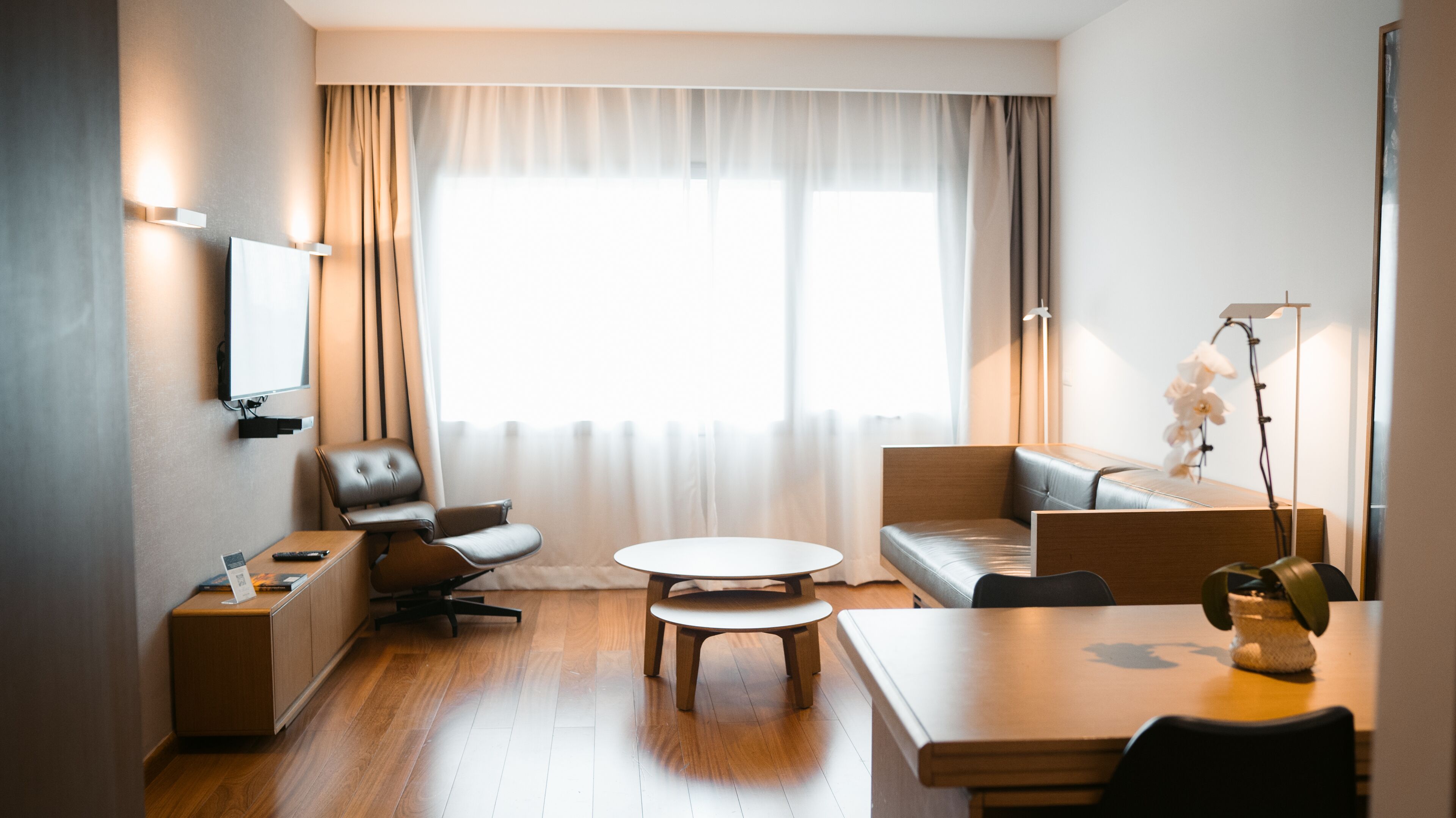 Une chambre d’hôtel moderne avec un plancher en bois, un canapé, une chaise, une petite table, un téléviseur fixé au mur et une grande fenêtre avec des rideaux.