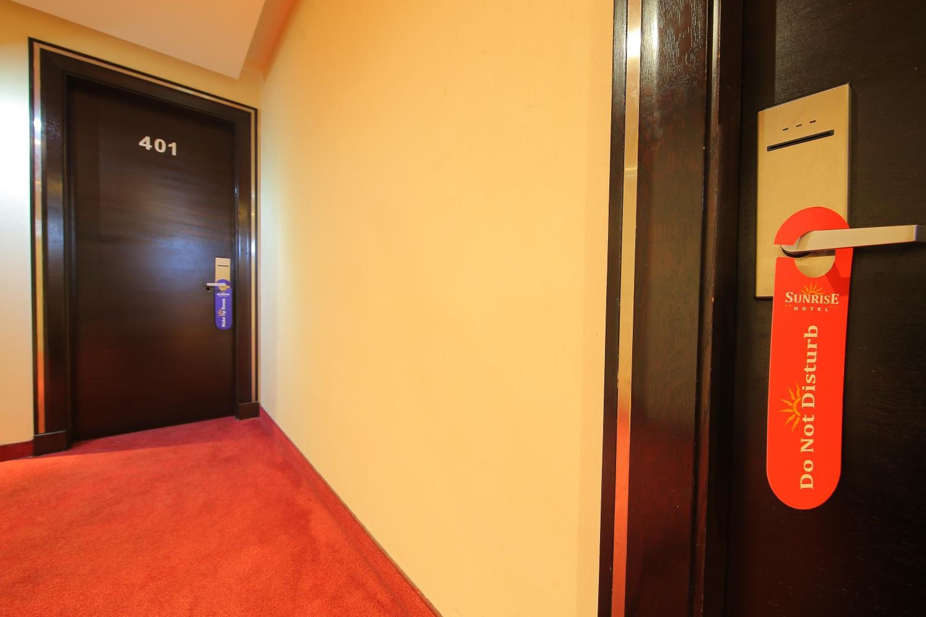 A hotel hallway with a carpeted floor leading to a door marked 401.