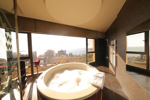 Separate tub and shower, jetted tub, hair dryer, bathrobes