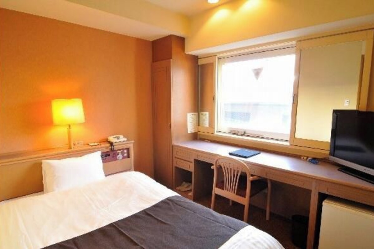 A hotel room with a bed, desk, chair, TV, lamp, and window.