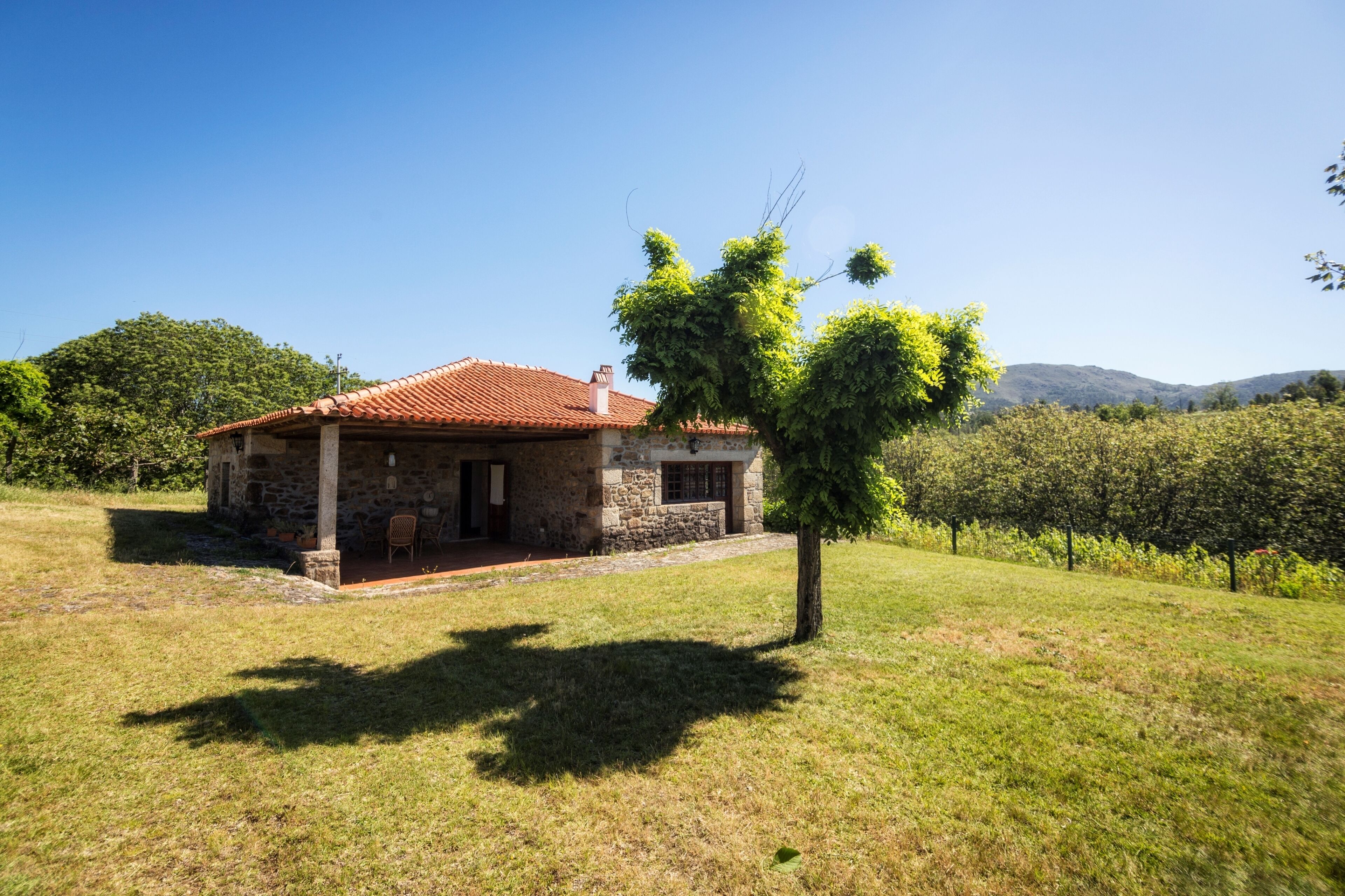 Une maison en pierre avec un toit en tuiles, un petit porche et un arbre devant.