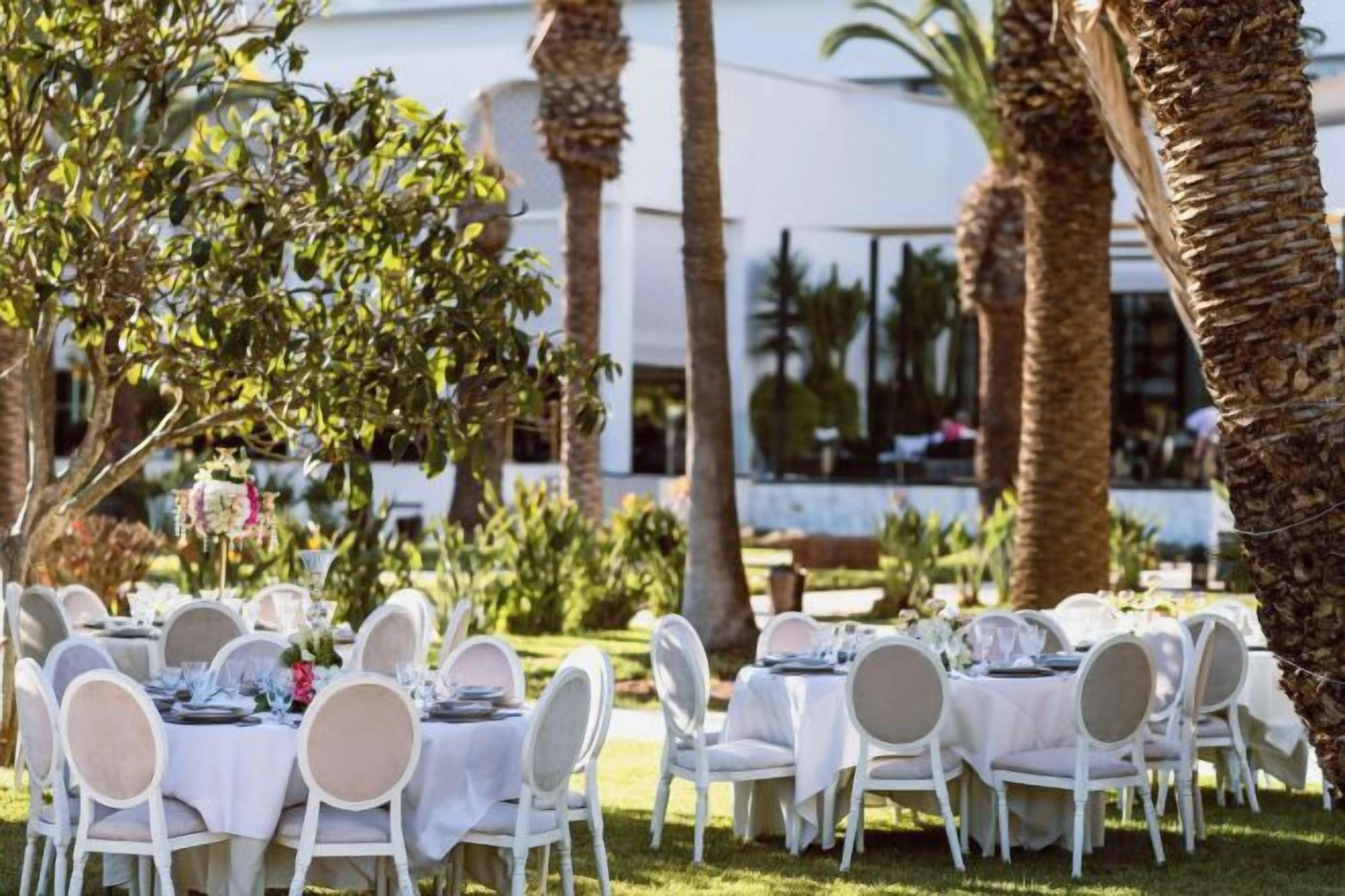 Un espace de restauration en plein air, avec des tables et des chaises rondes, entouré de palmiers et de verdure.
