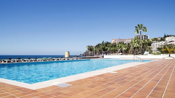 A swimming pool with a tiled deck, a clear view of the ocean, and palm trees. - Quinta da Penha de Franca (Funchal)