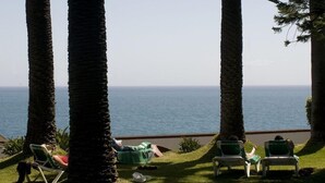 A view of the ocean from a terrace with palm trees and lounge chairs. - Quinta da Penha de Franca (Funchal)