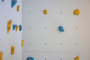 Una pared con presas de escalada dispuestas en un patrón de cuadrícula.
