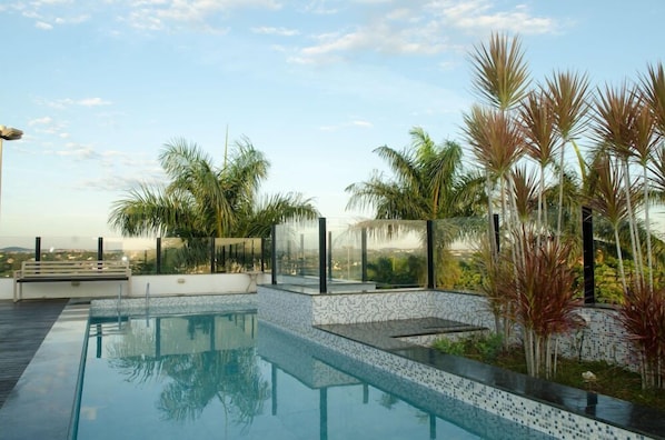 A rooftop pool with glass railings, surrounded by palm trees and a clear sky.