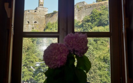 A window with a view of a historic stone building and lush greenery.
