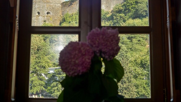 Una ventana con vista a un edificio histórico de piedra y vegetación exuberante.