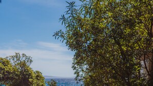 A pathway leading to a beach with ocean views, surrounded by greenery and potted plants. - La Residence du Bailli (Rayol-Canadel-sur-Mer)