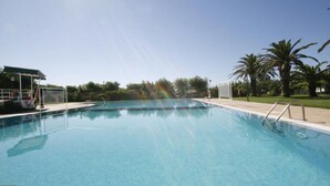 Une piscine d’un bleu éclatant, dotée d’un plongeoir et d’un espace abrité sur le côté gauche.