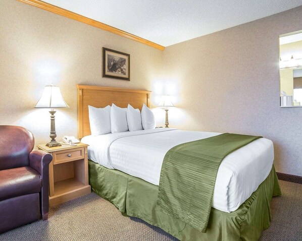 A hotel room with a bed, two bedside lamps, a chair, a nightstand, and a framed picture on the wall.
