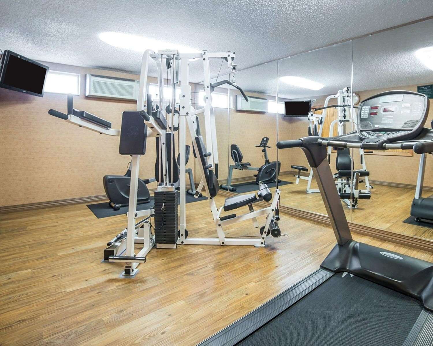 A gym with various exercise machines, a treadmill, and a mirrored wall.