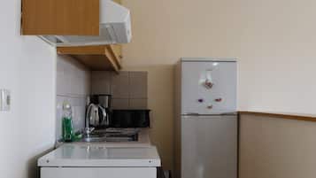 A compact kitchen with a white refrigerator, a sink, and a stove.