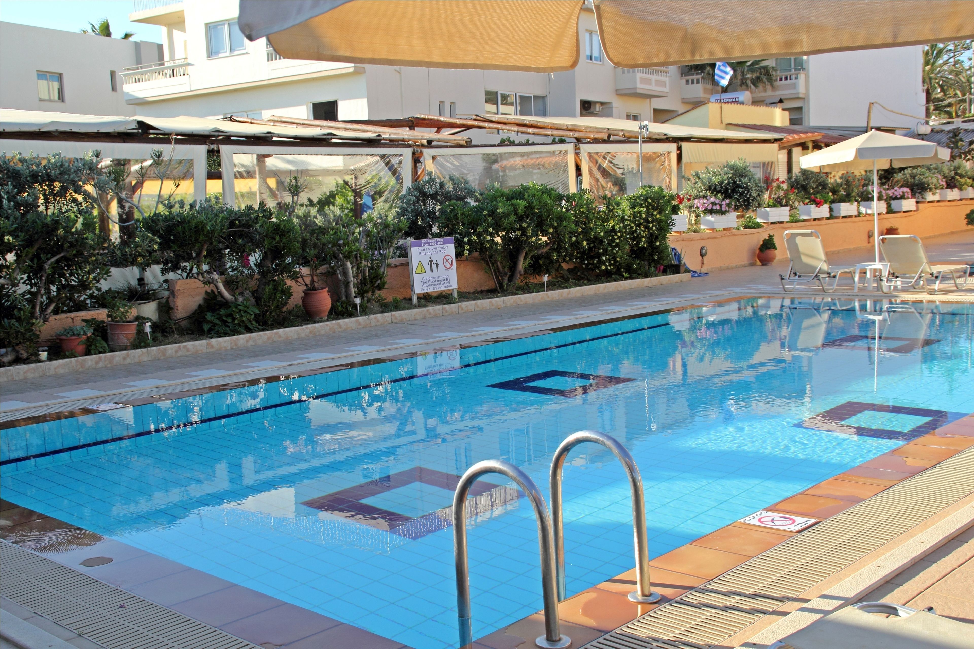 Una piscina con agua azul cristalina, rodeada de plantas en macetas y algunas sillas de descanso.