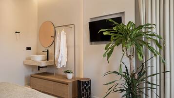 Un dormitorio moderno con cama, mesita de noche, espejo, televisor y planta en maceta.