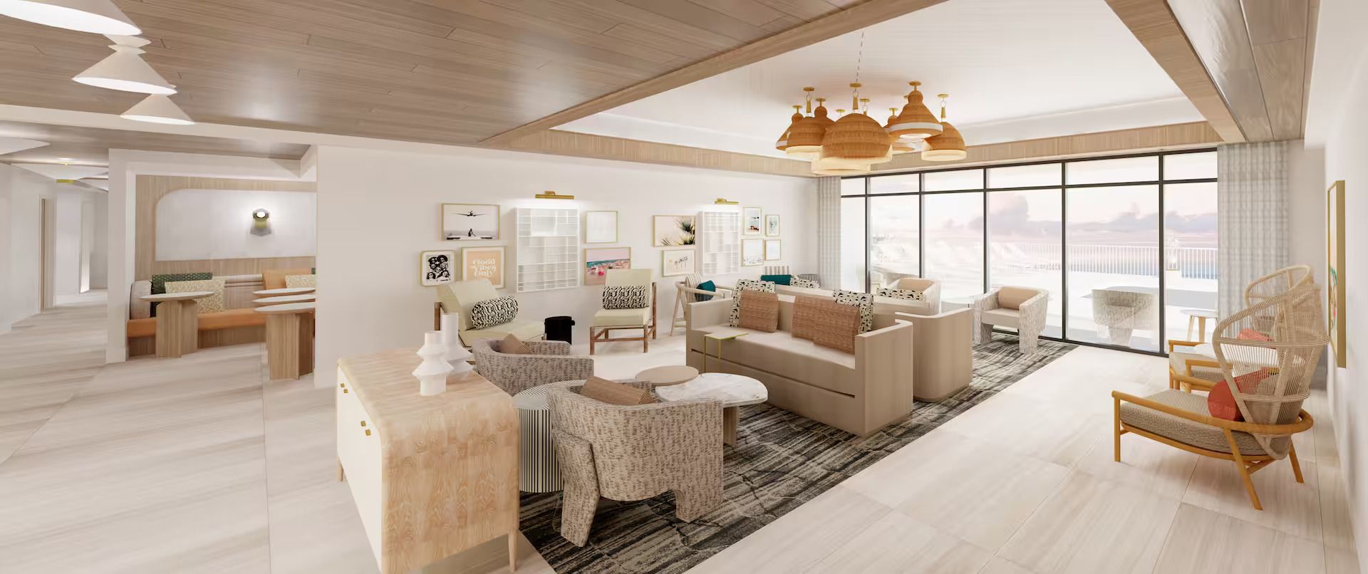 A spacious living area with a large window, a wooden ceiling, and a modern sofa set.