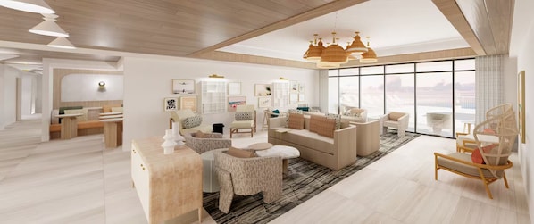 A spacious living area with a large window, a wooden ceiling, and a modern sofa set.