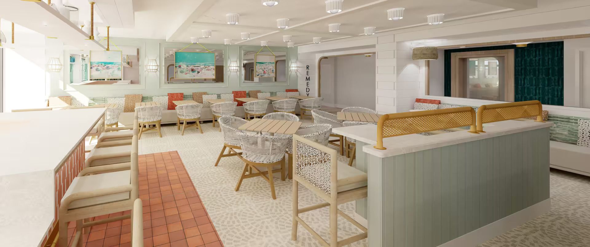 Um interior moderno com área de bar, cadeiras de vime e um espaço de estar com piso estampado.