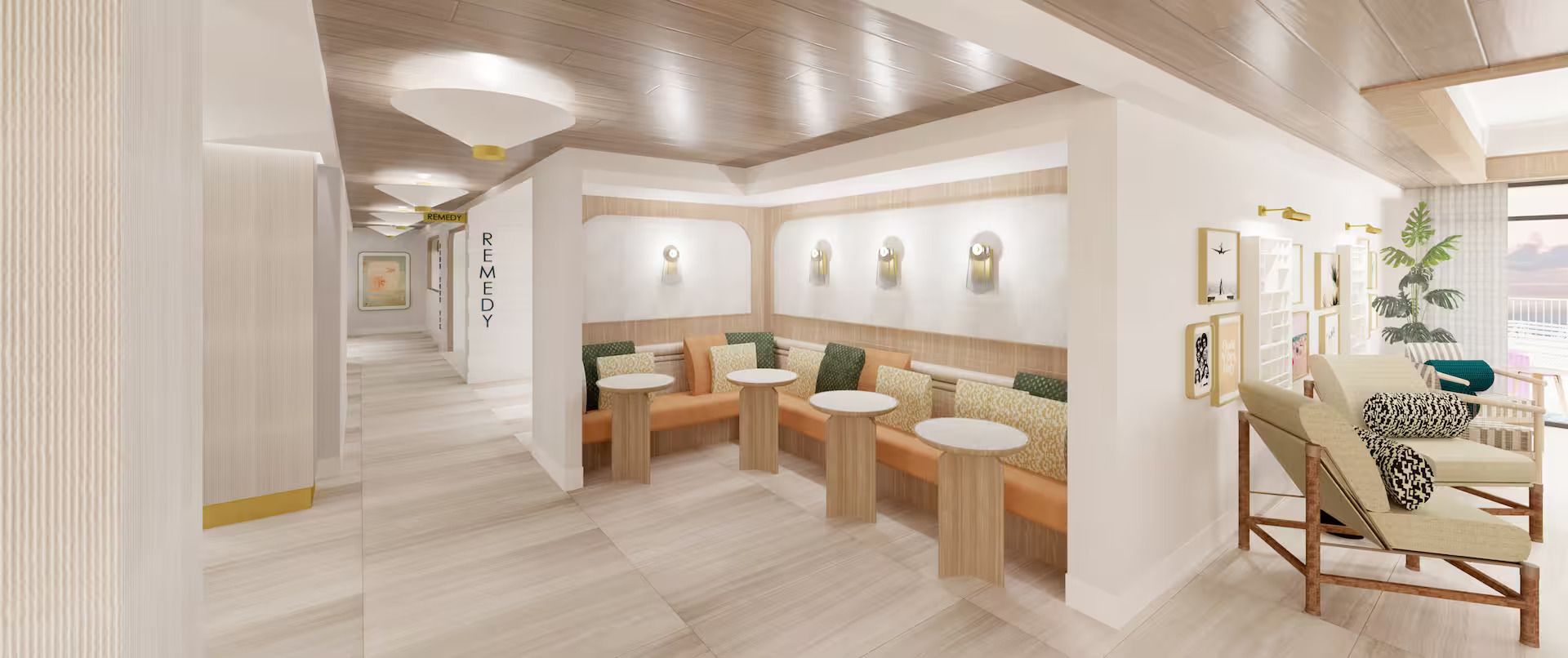 Um interior moderno com uma área de recepção, assentos com mesas redondas e vista para o exterior.