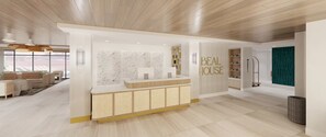A modern hotel lobby with a reception desk, a seating area with sofas, and a view of the outdoors. - Bealhousefort Walton Beachfront Tapestrycollection (Fort Walton Beach)
