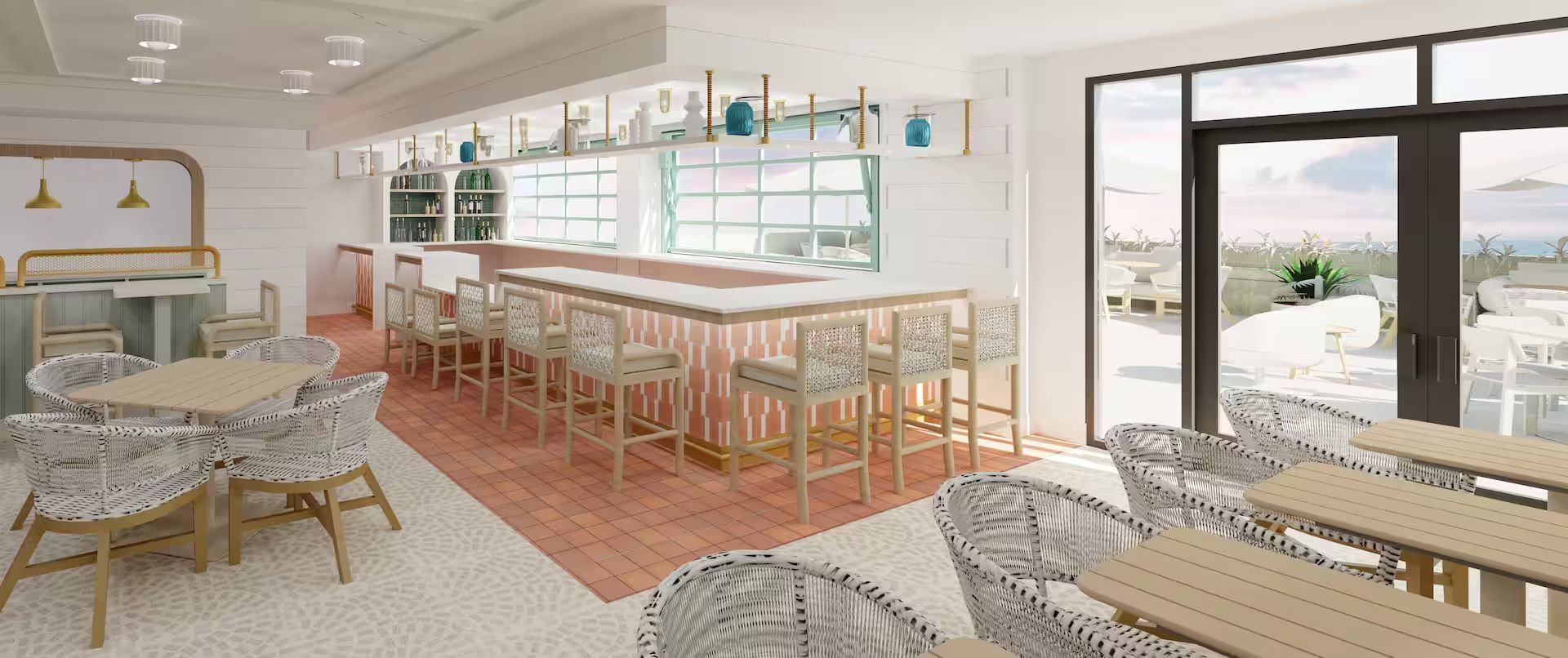 A modern bar area with wicker furniture, a bar counter, and large windows offering a view of the outdoor seating area.