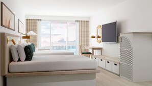 Une chambre d’hôtel moderne dotée d’un grand lit, d’un bureau, d’une télévision et d’un balcon avec vue.