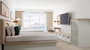 A modern hotel room with a large bed, a desk, a TV, and a balcony with a view. - Bealhousefort Walton Beachfront Tapestrycollection (Fort Walton Beach)