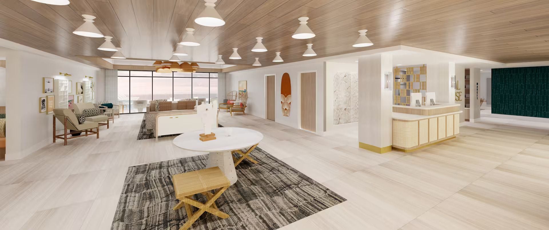 A spacious living area with a round dining table, a sofa, and a coffee table. There are multiple pendant lights and a large window providing natural light.