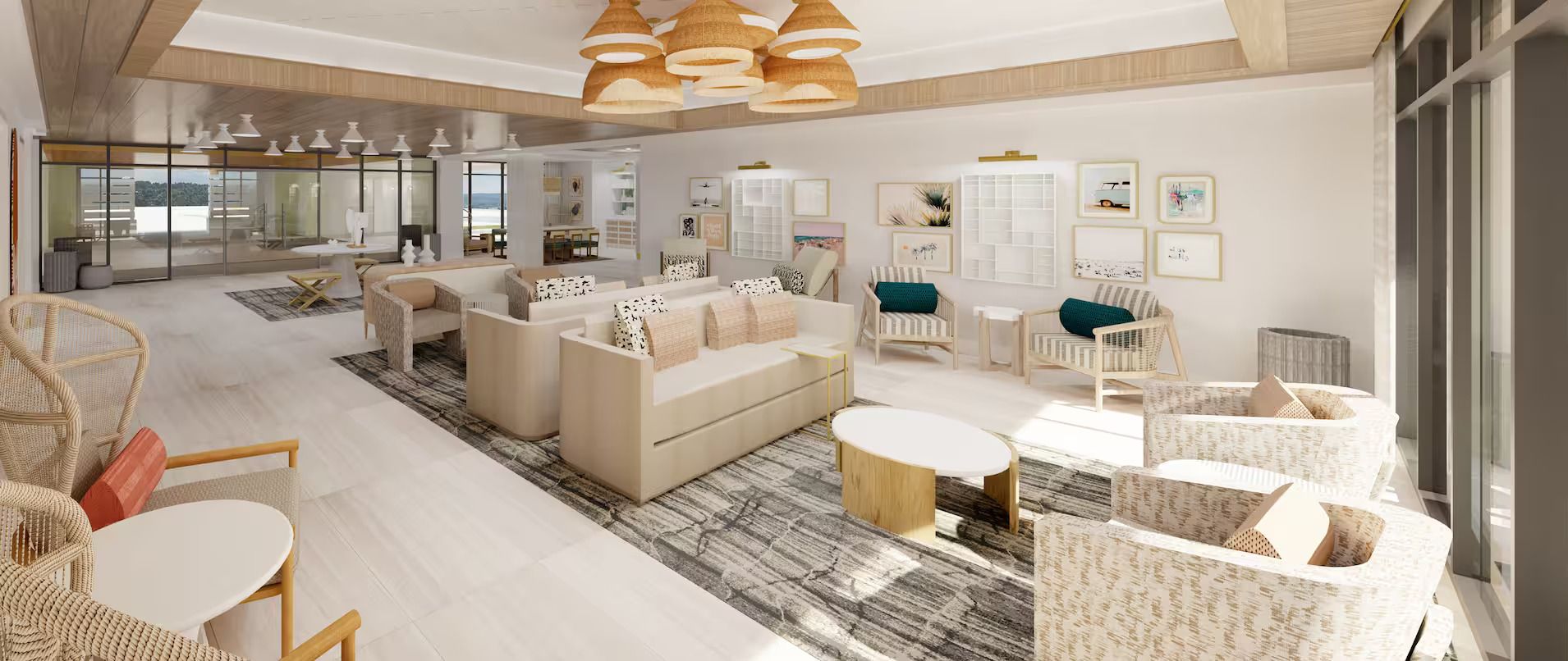 A spacious living area with modern furniture, a large window, and a dining area.