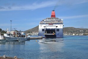 Un ferry atracado en un puerto con montañas al fondo.