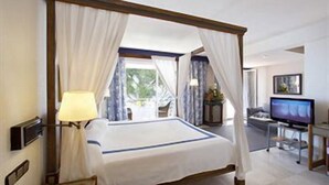 Una cama con dosel, una mesita de noche con lámpara, un televisor sobre un mueble y vistas al exterior.