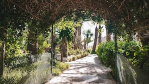 A stone pathway under a vine-covered archway, flanked by lush greenery and a metal fence. - Agate Kanta Garden Resort (Port El Kantaoui)