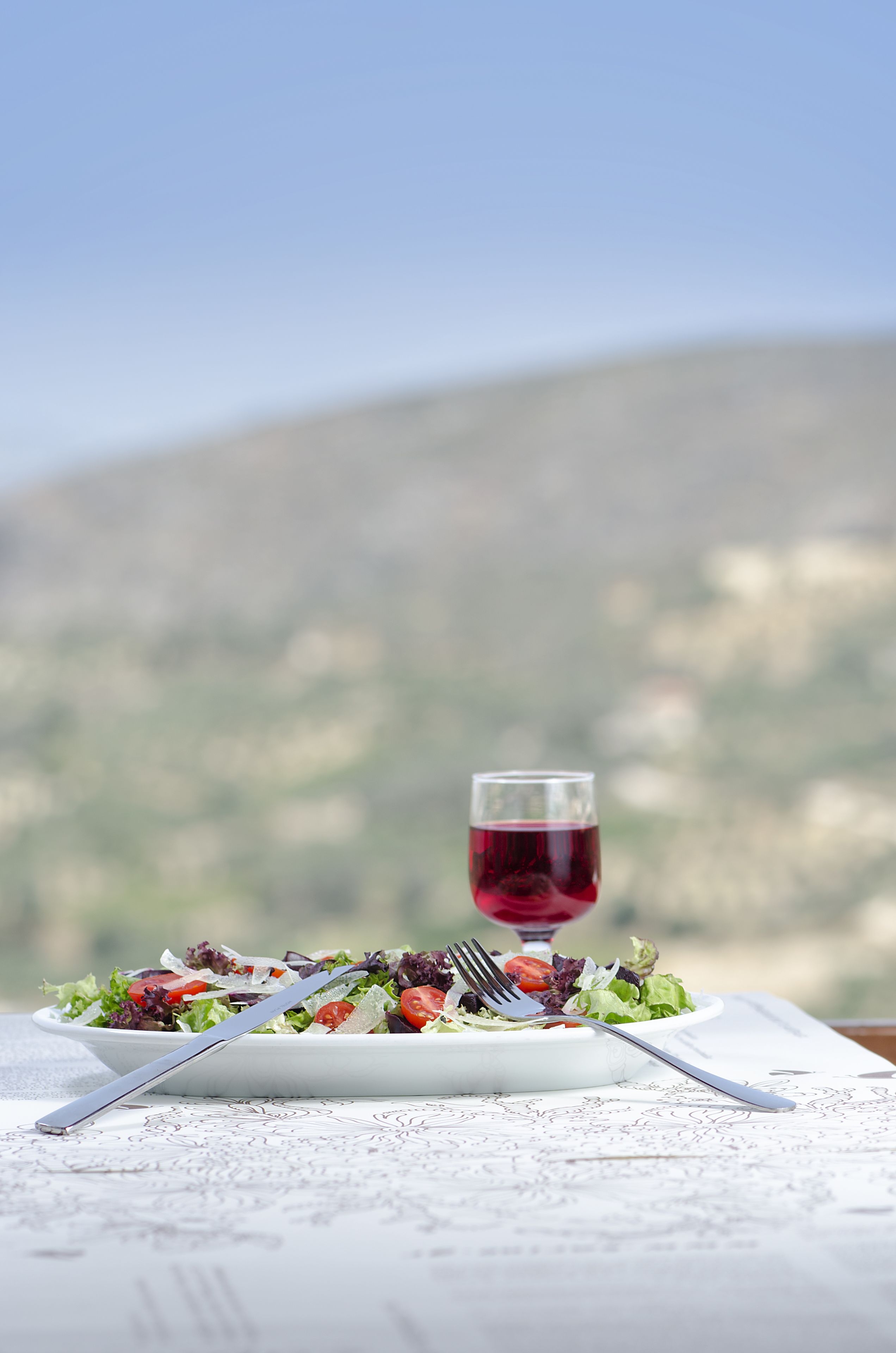 A plate of salad with a fork and knife on a tablecloth with a landscape view in the background.
