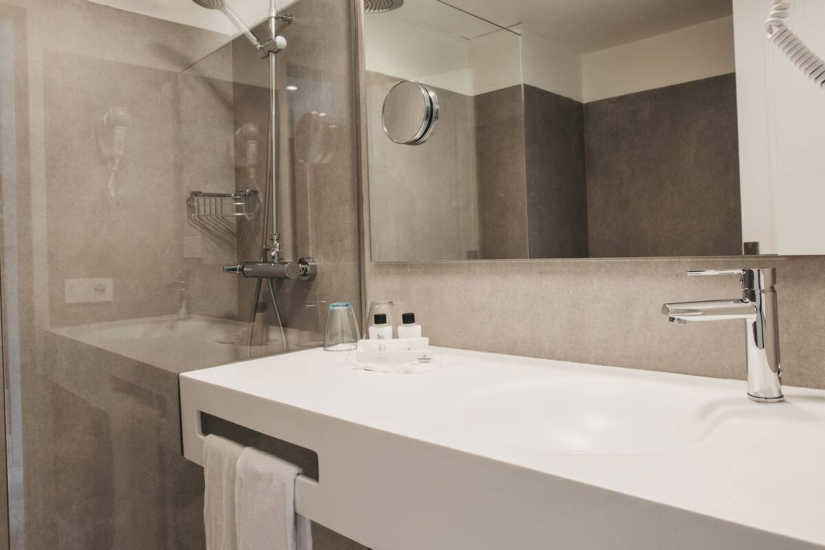 hair dryer, towels, soap, shampoo