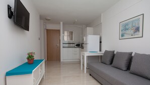 Ein kompakter Wohnraum mit Küchenzeile, einem grauen Sofa, einem kleinen Tisch und einem an der Wand montierten Fernseher.