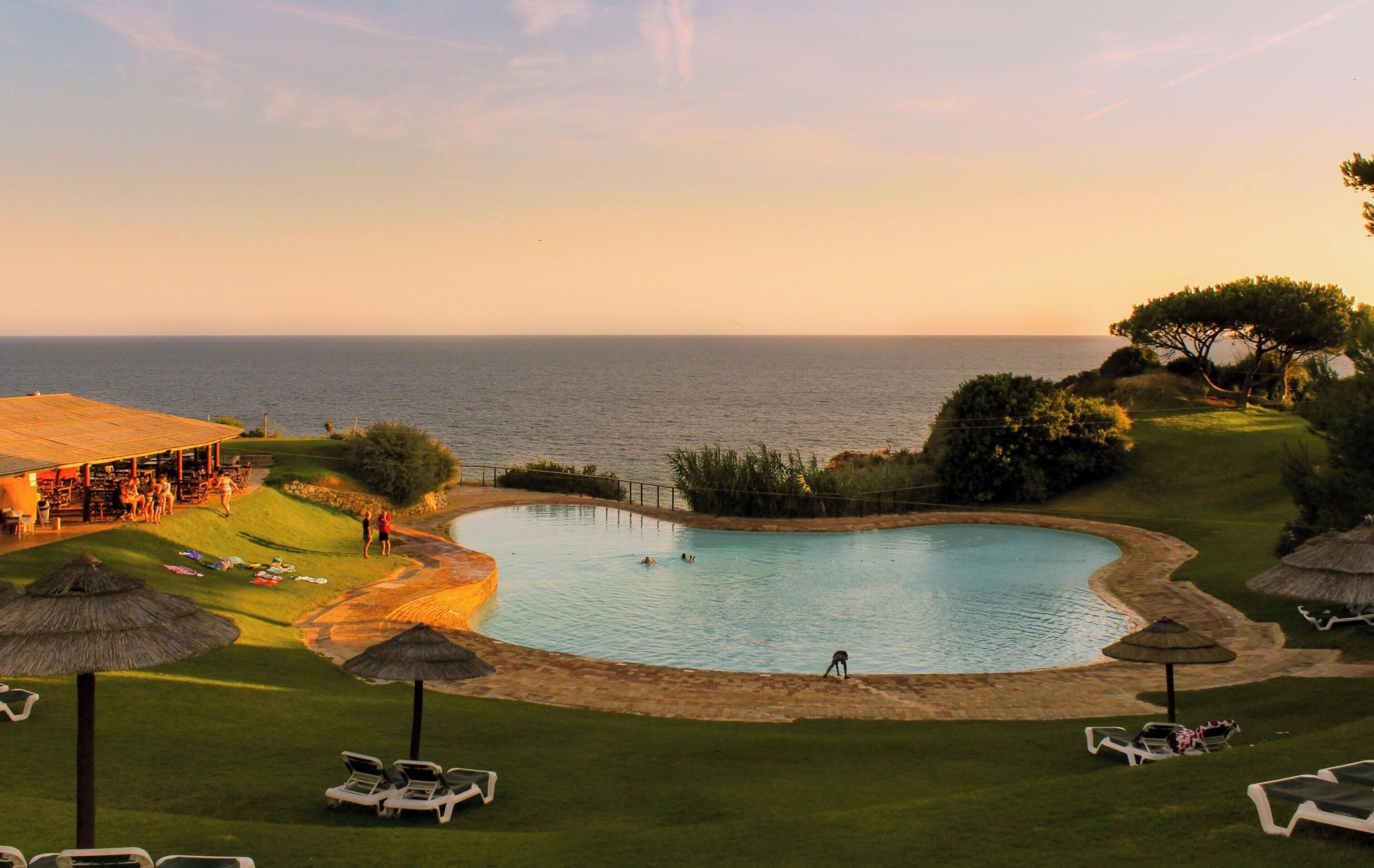 Piscina con vista al mar, rodeada de césped y sillas de descanso.