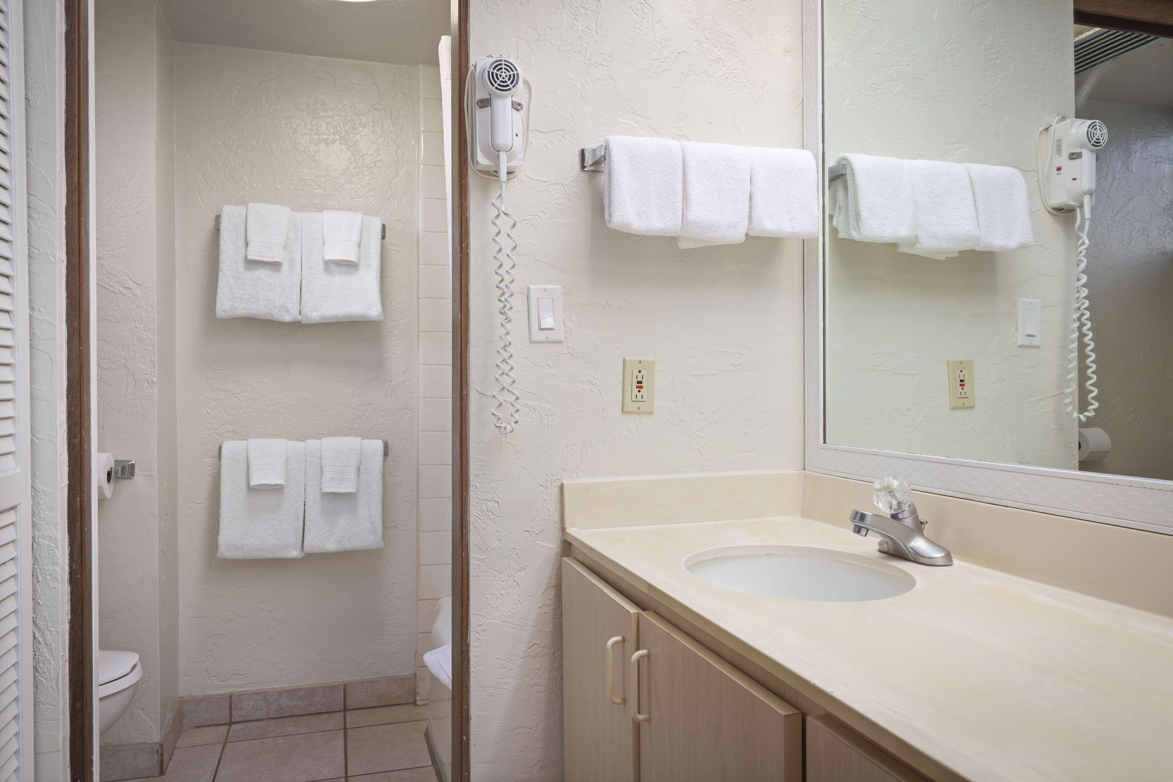 A bathroom with a sink, mirror, and two towel racks.